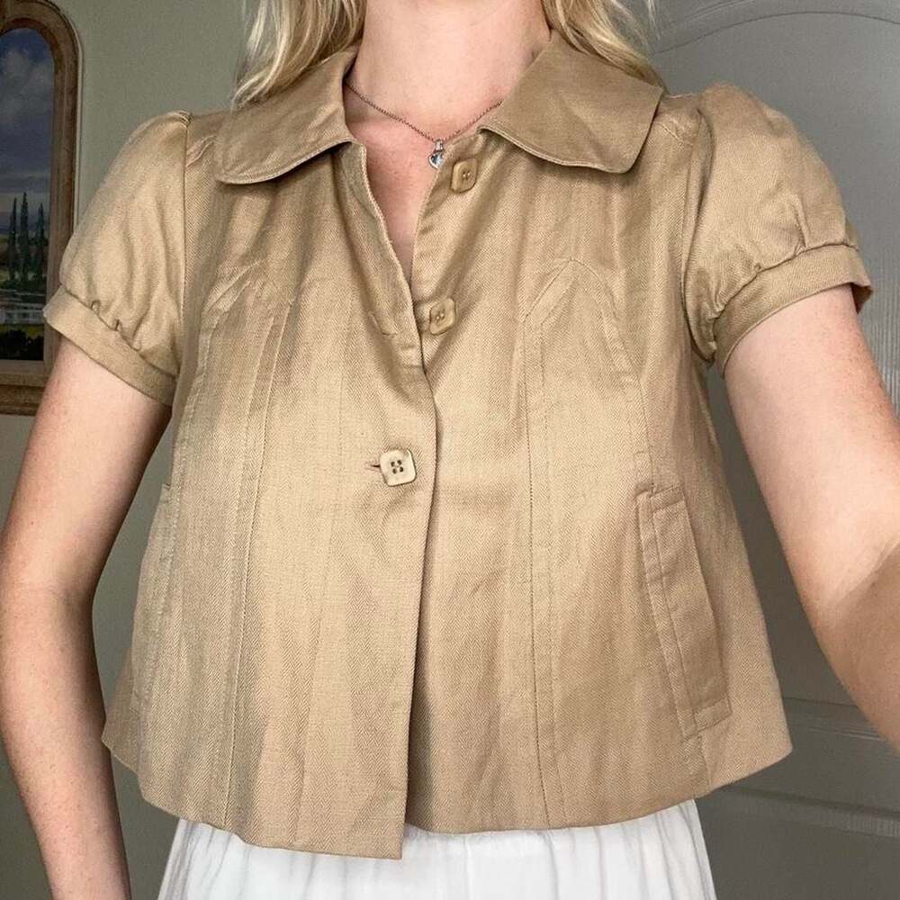 Heritage 1981 Tan Linen Blend Puff Sleeve Cropped Blouse